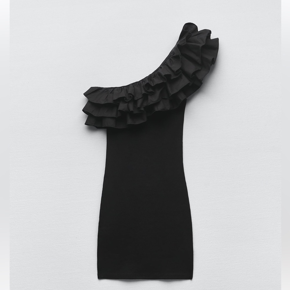 Zara Black Asymmetrical Ruffle Neckline Ribbed Mini Dress - Picture 13 of 16